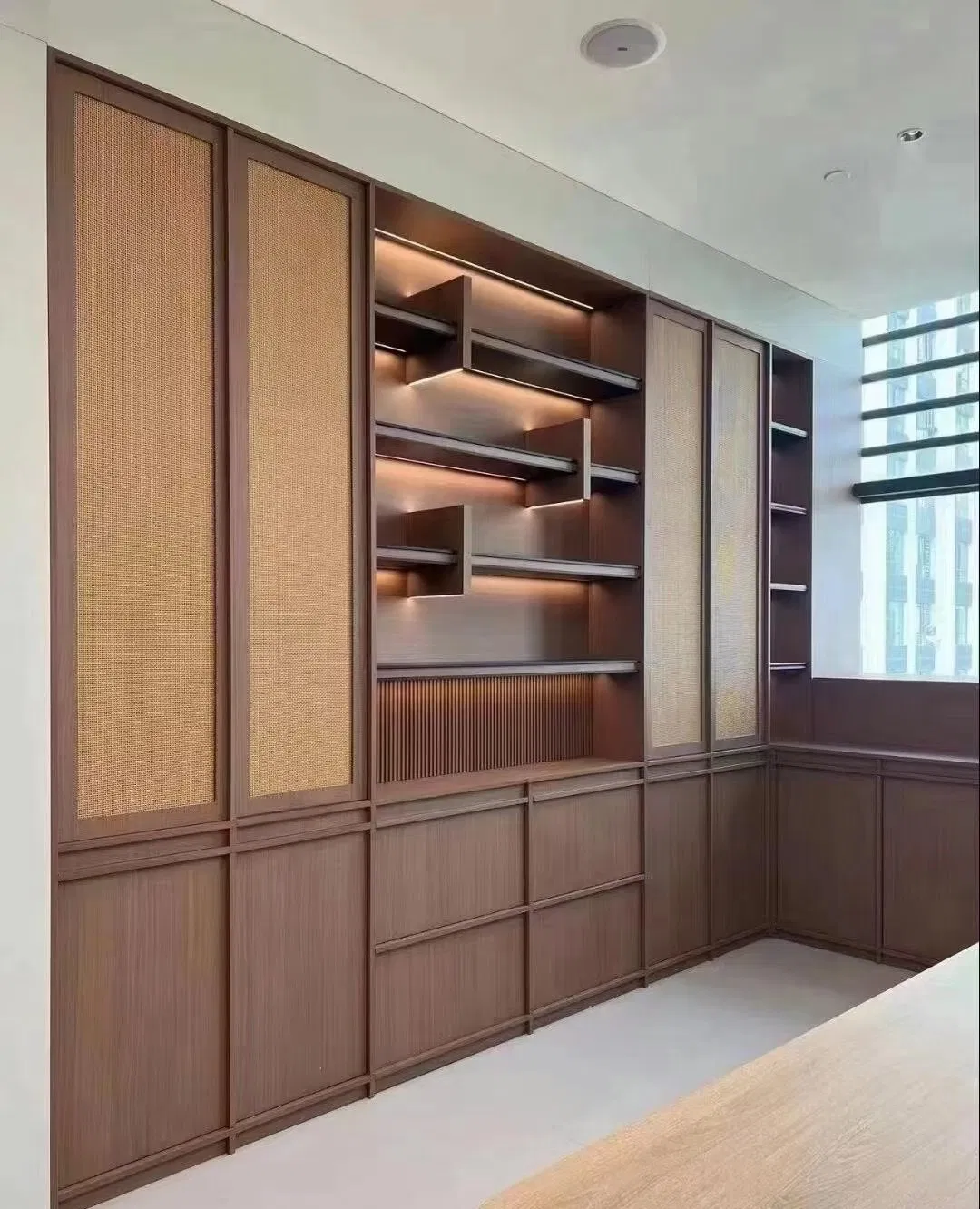 Multi-Layer Partition Wood Chinese Quality Modern Furniture Simple Living Room Storage Designed Wooden 3 Shelf Glass Bookcase Decorative Cabinet