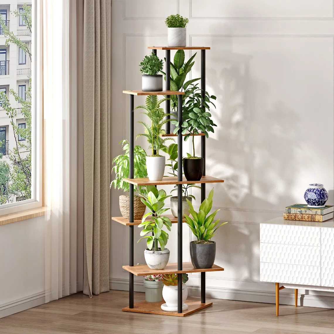 7-Tier Tall Indoor Corner Steel Wood Rustic Brown Flower Shelf Plant Stand
