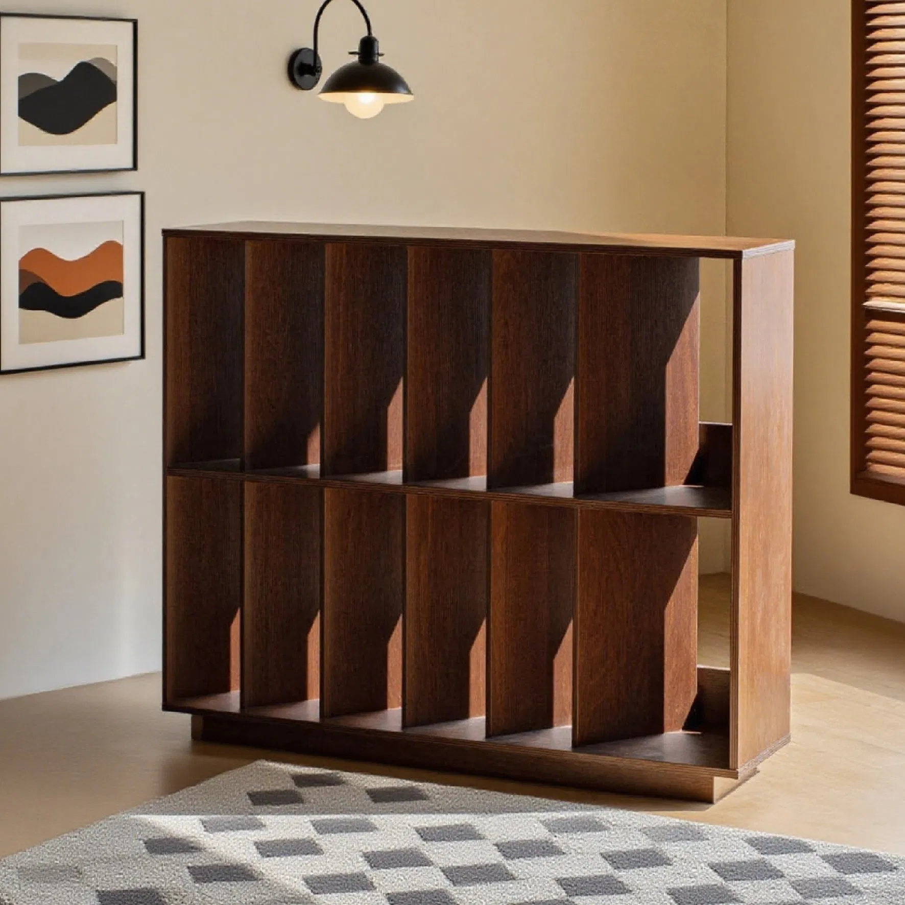 Customized Chinese Style Dark Wood Multi-Grid Office Bookshelf