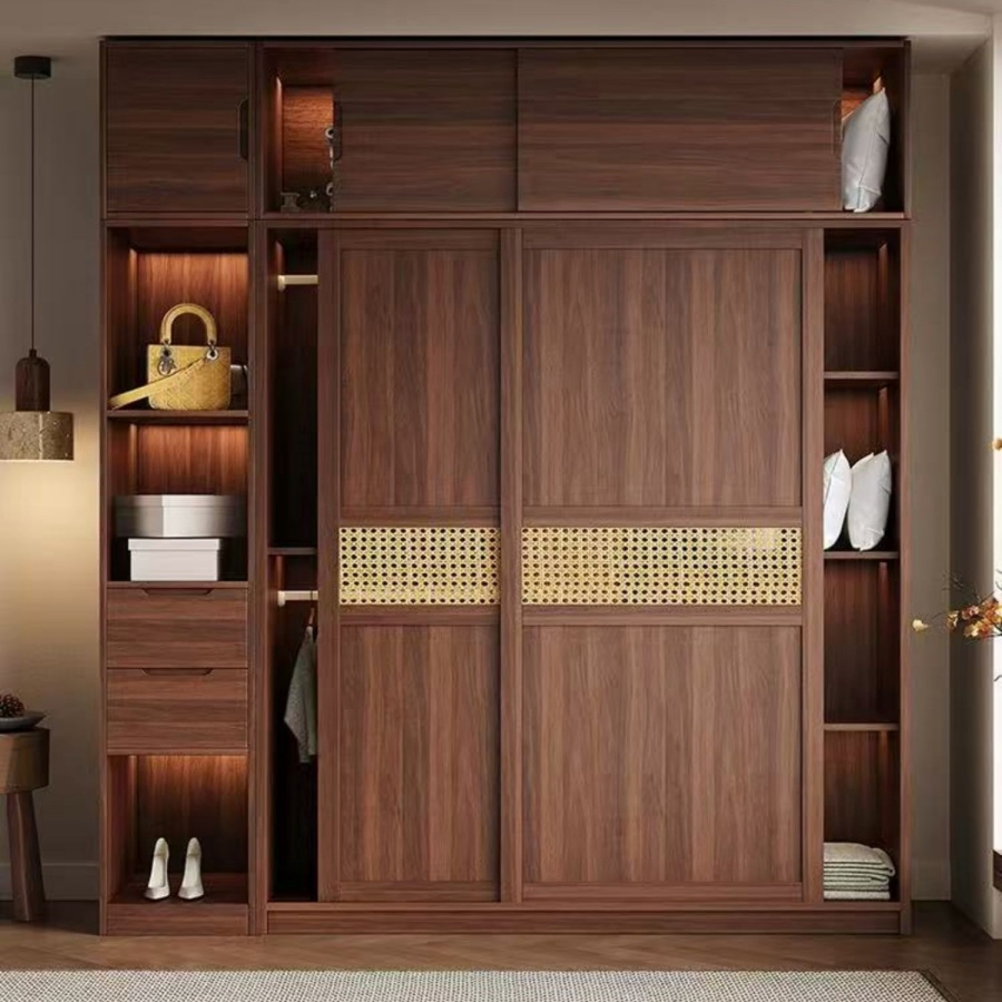 Modern Chinese Style Custom Sliding Door Solid Wood Wardrobe, Suitable for Small Apartments, Space-Saving Bedroom Storage