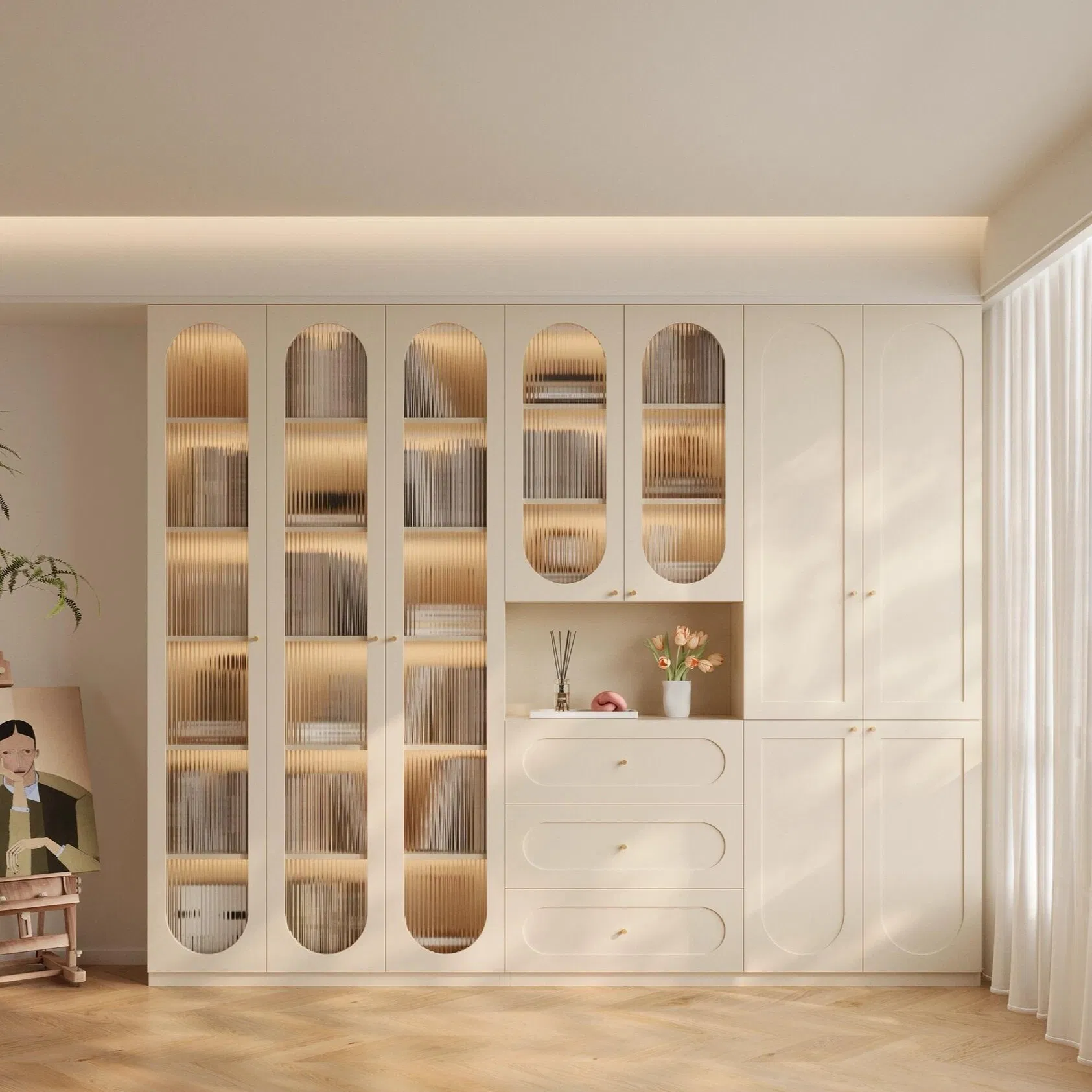 Light French Style White Curved Door Frame with Light and Desk Open Area Custom Size Design Custom Wooden Bookcase