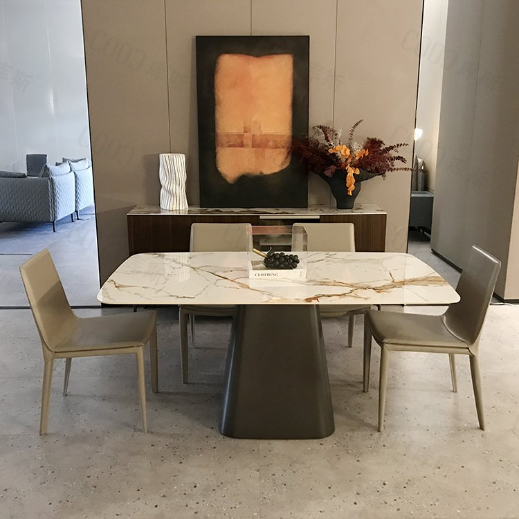 Chinese Factory Wholesale Italian Modern Event Banquet Kitchen Restaurant Luxury Rectangle Stone Dining Furniture Set Leather Chair Marble Slate Table