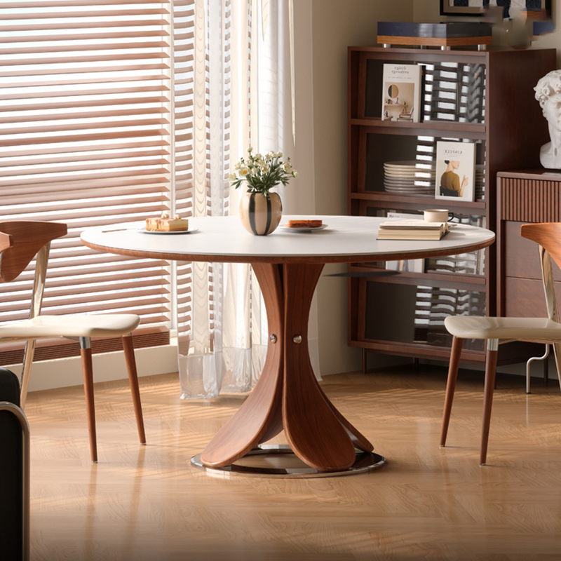 Solid Wood Household Ancient Chinese Style Round Dining Table Sintered Stone Top Round Dining Table with Turntable