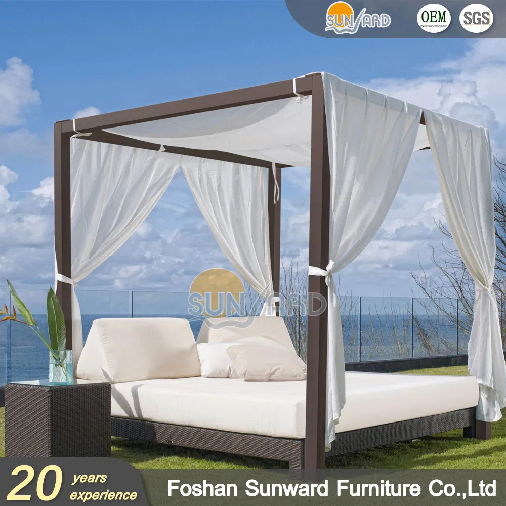 Modern Chinese Customized Outdoor Garden Hotel Home Resort Villa Project Balcony Leisure Aluminum PE Wicker Furniture Sofa Daybed with Canopy