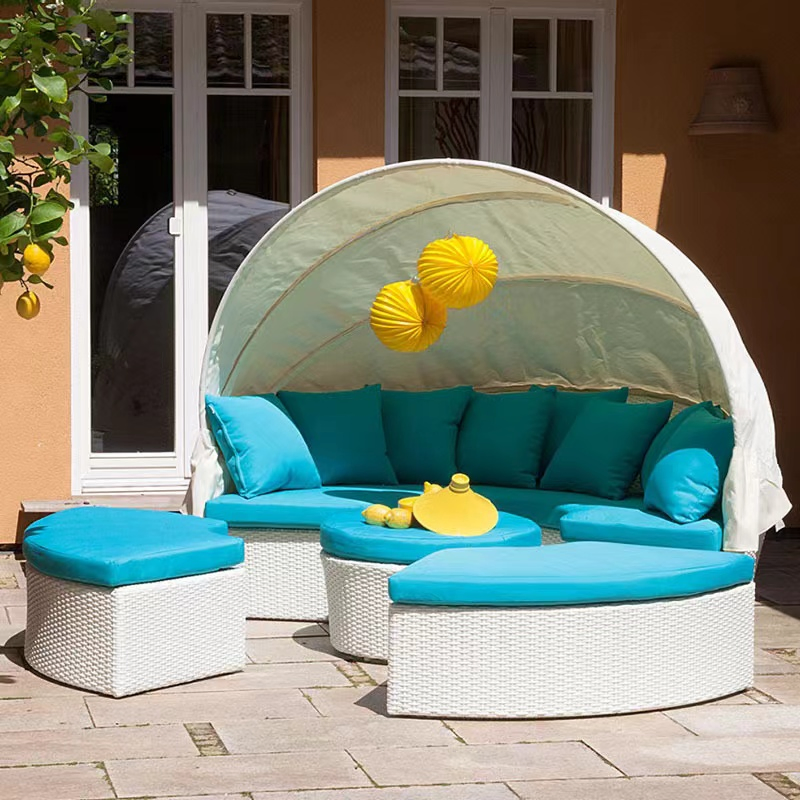 Modern Garden Furniture Rattan Swimming Pool Sunbed Round Combination Outdoor Daybed with Canopy
