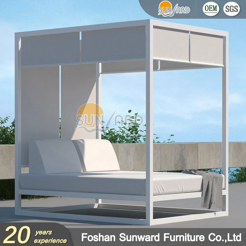 Modern Chinese Customized Outdoor Garden Hotel Home Resort Villa Project Balcony Leisure Aluminum PE Wicker Furniture Sofa Daybed with Canopy