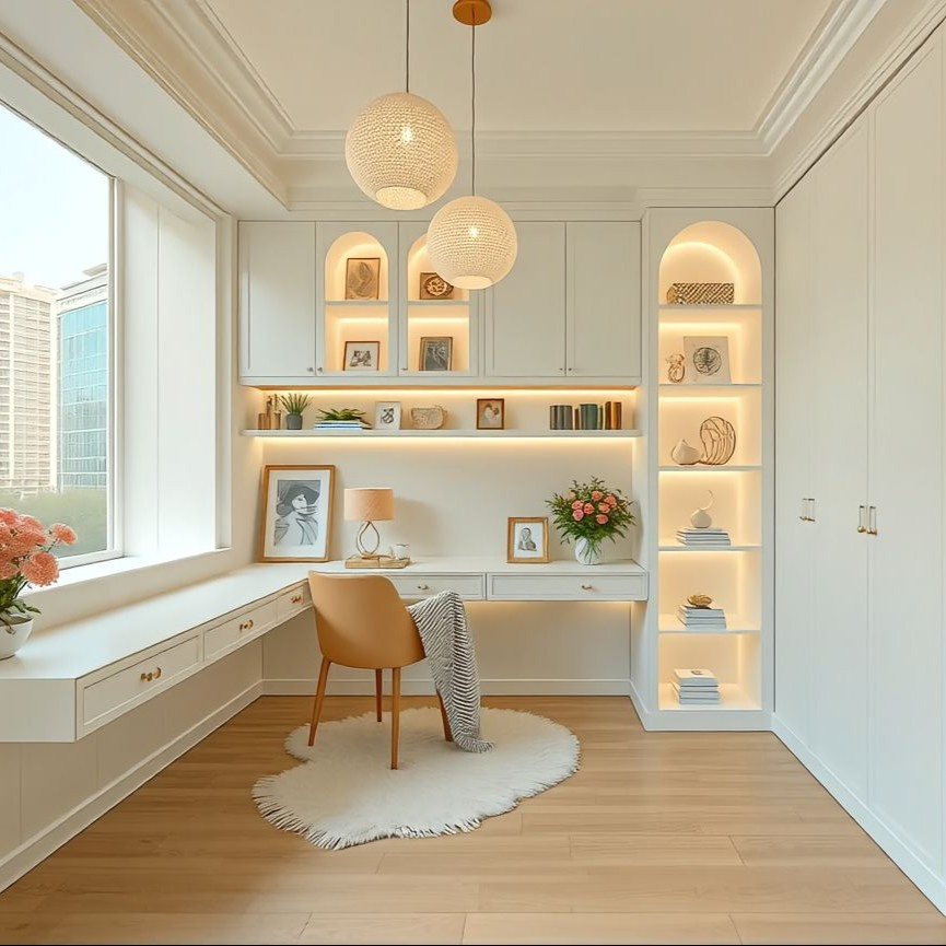 Light French Style White Curved Door Frame with Light and Desk Open Area Custom Size Design Custom Wooden Bookcase