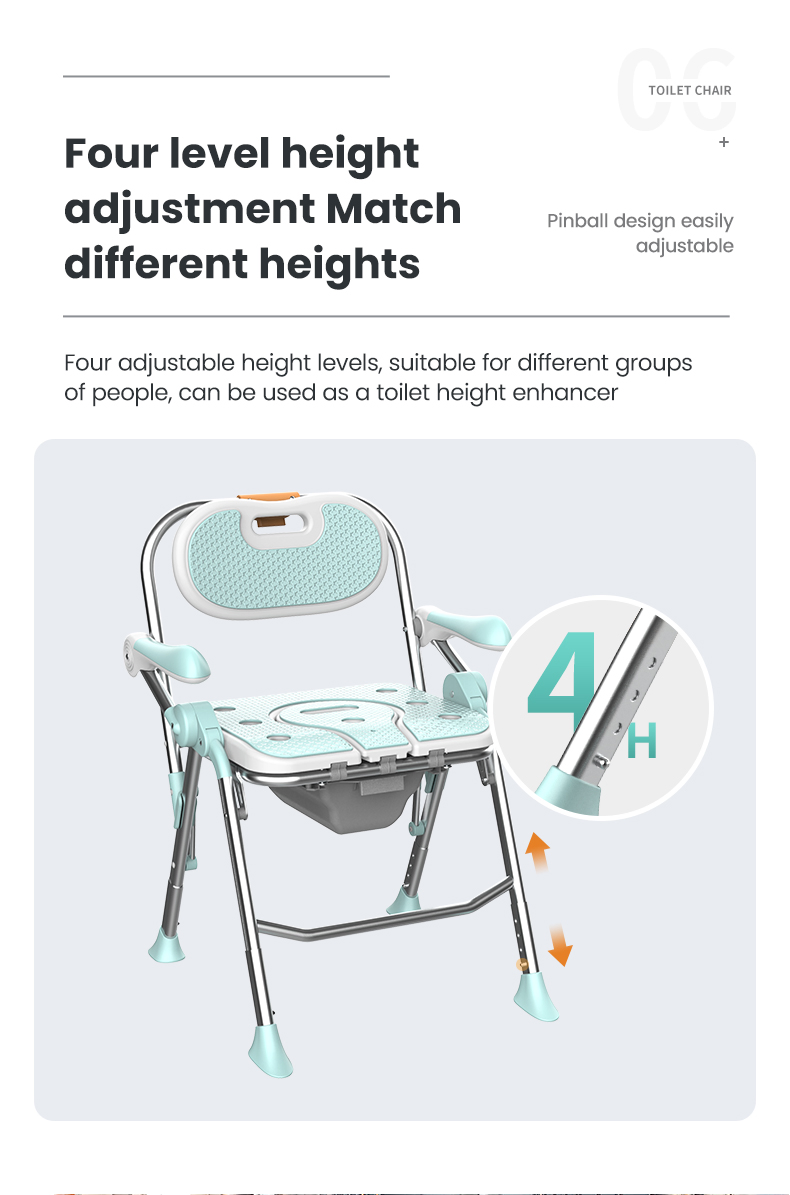 Adjustable Height Folding Commode Shower Chair Designed for Elderly &amp; Mobility Support