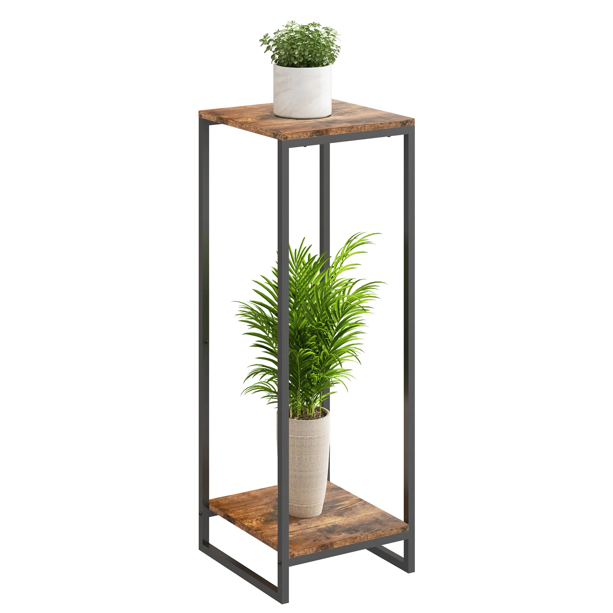 2-Tier Brown Indoor Corner Steel Wood Flower Plant Stand