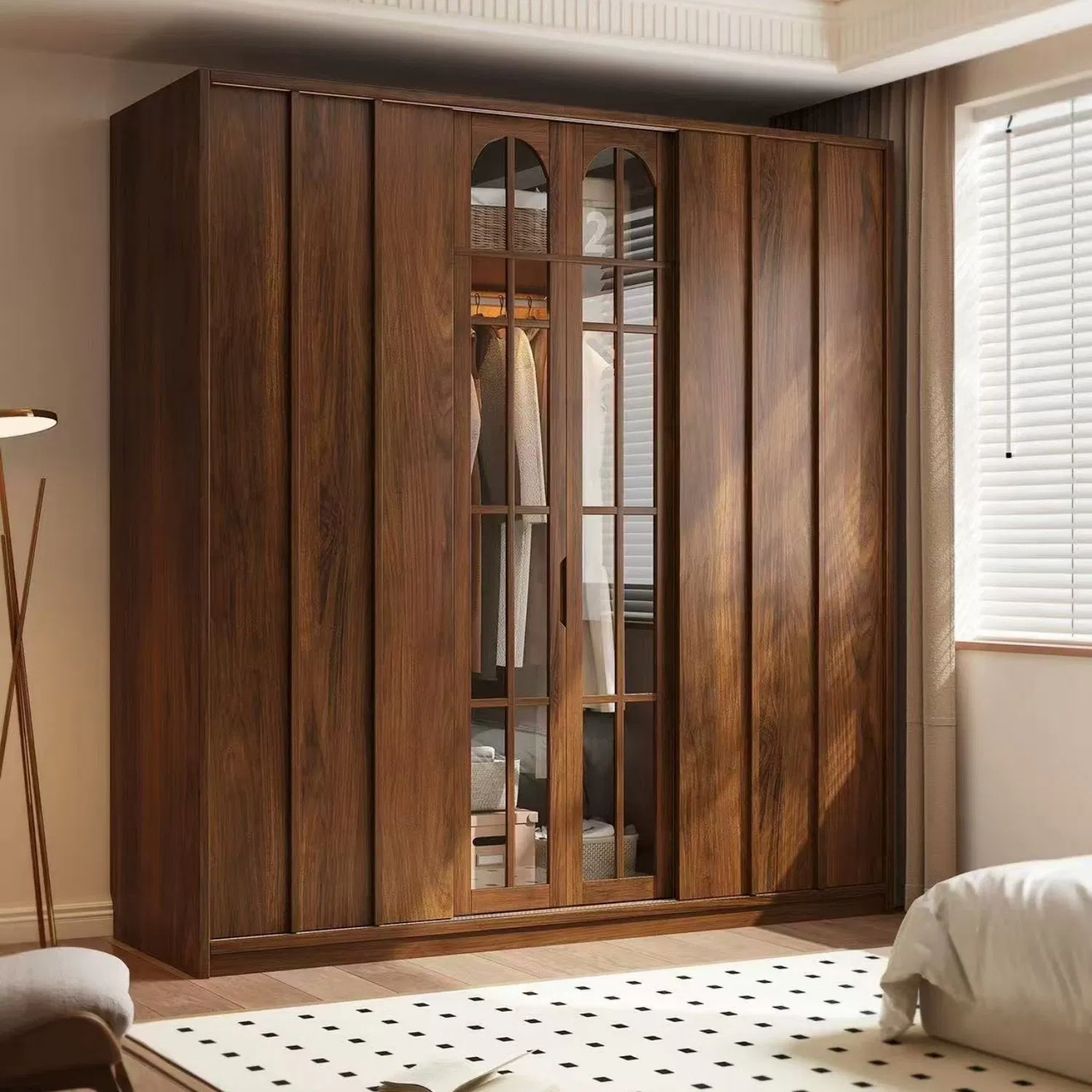 Vintage Chinese Style Glass Sliding Wardrobe, Bedroom Wardrobe, Customizable in Colors and Styles