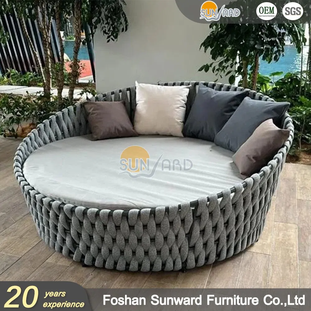 Modern Chinese Customized Handcraft Garden Hotel Home Resort Villa Project Outdoor UV Resistance Leisure Aluminum Weaving Polyester Rope Belt Round Daybeds