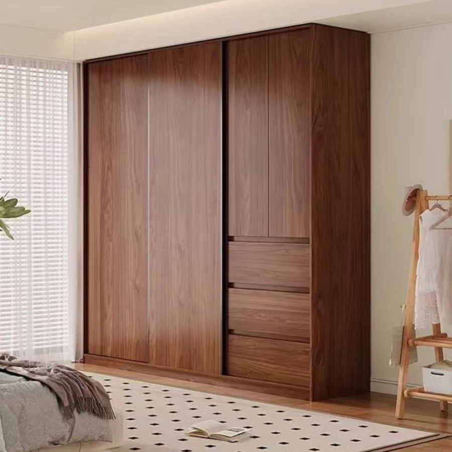 Modern Chinese Style Custom Sliding Door Solid Wood Wardrobe, Suitable for Small Apartments, Space-Saving Bedroom Storage