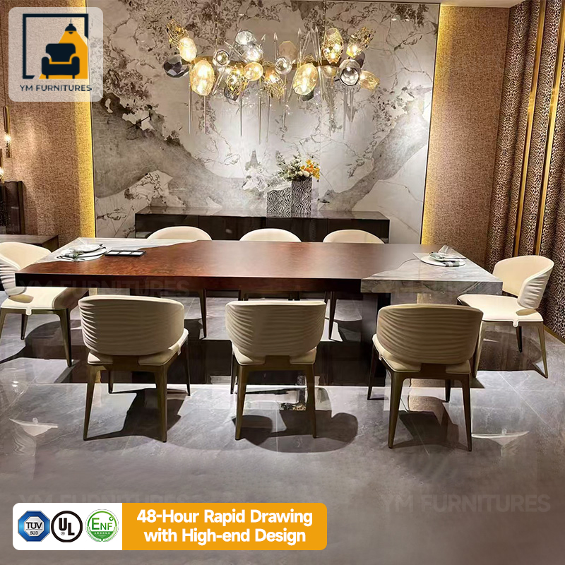 Custom Chinese Style Design Silk-Road Retro Solid Wooden Rectangular Dining Table with Gold Decor
