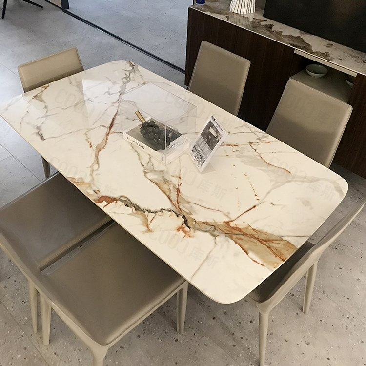 Chinese Factory Wholesale Italian Modern Event Banquet Kitchen Restaurant Luxury Rectangle Stone Dining Furniture Set Leather Chair Marble Slate Table