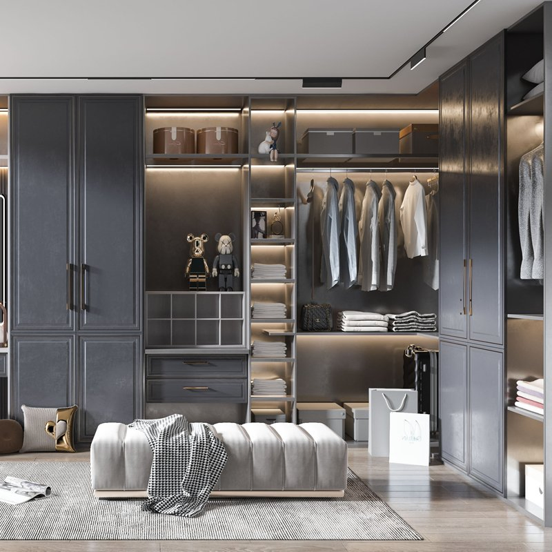 Chinese Modern Luxury Tempered Glass Closets Bedroom Furniture Swing Door Hotel Apartment Bulk Wardrobe with LED