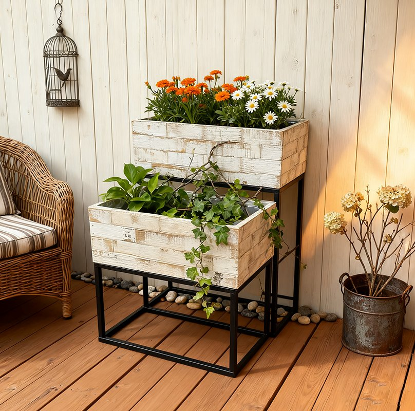 Popular Set of 2 Metal Wood Flower Stand Potted Holder Rack Plant Stand Plant Shelf for Garden and Home Decoration