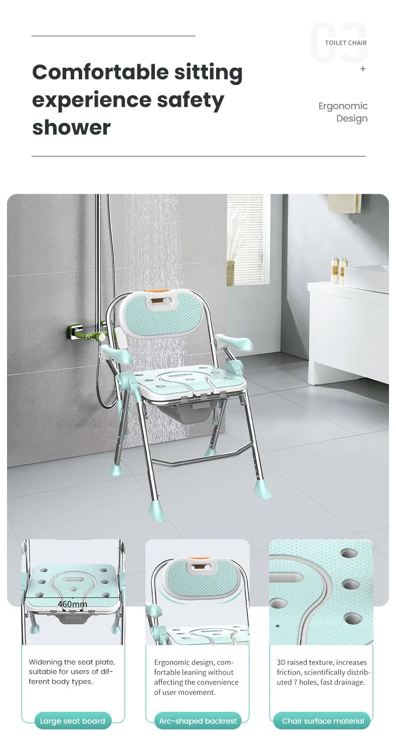 Medical Folding Commode Shower Chair with Adjustable Height for Senior &amp; Disability Care