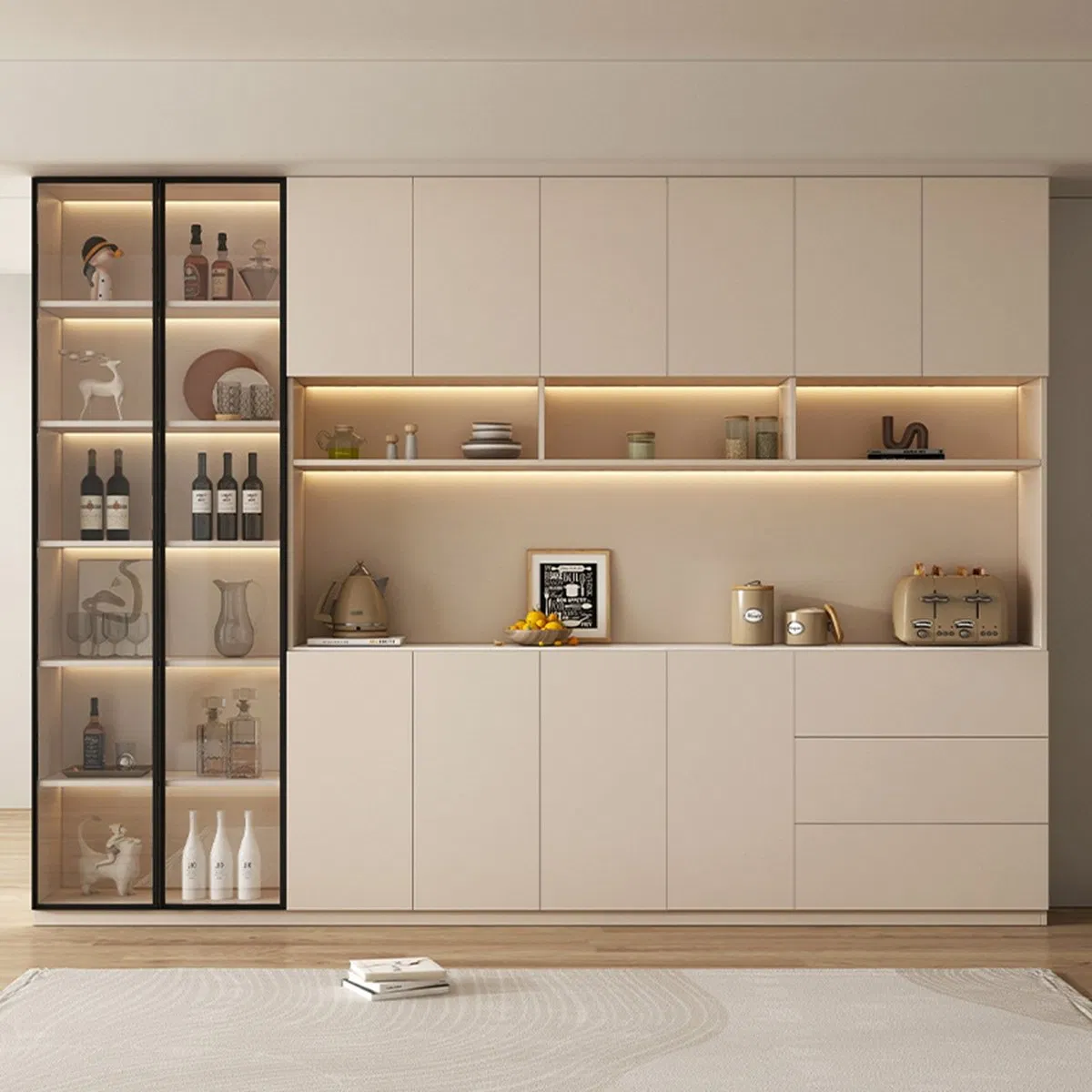 Modern Storage Sideboard Cabinet Sintered Stone Top Stainless Steel Wooden Console Table for Dining Room Furniture