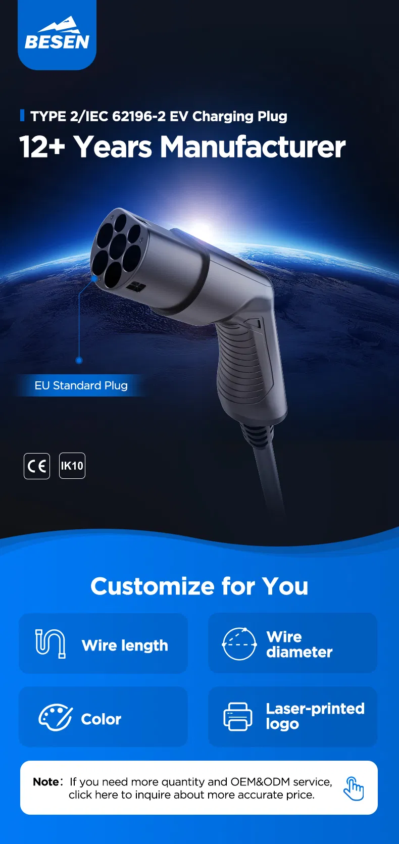 EV Power Connector Charging Plug Male Type 2 32A