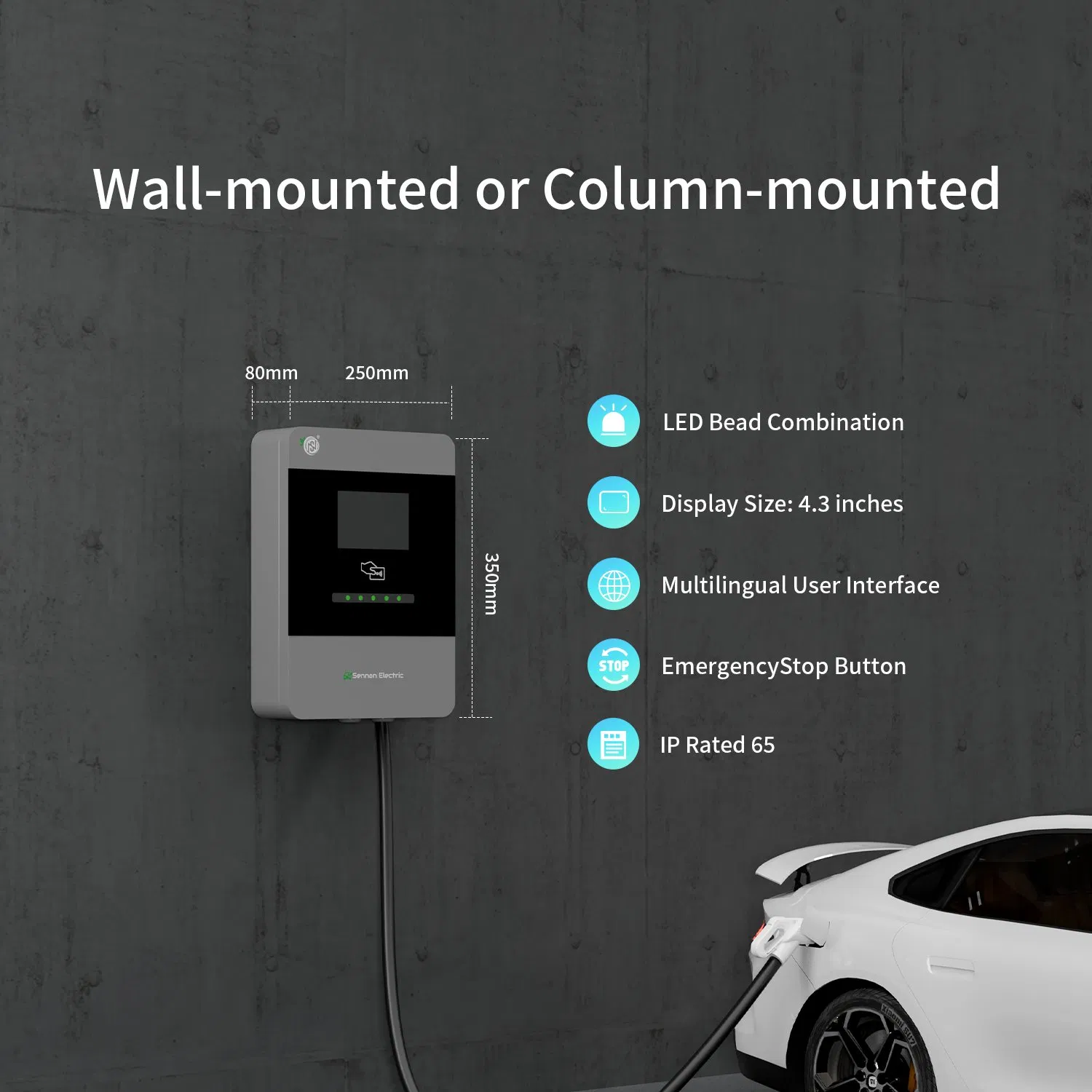 7kw 11kw 22kw 4.3inche Display Type1/Type2/Gbt/Nacs Wall-Mounted Charger Pile Single Gun Charging Station AC Electric Car Charger EV for Evs