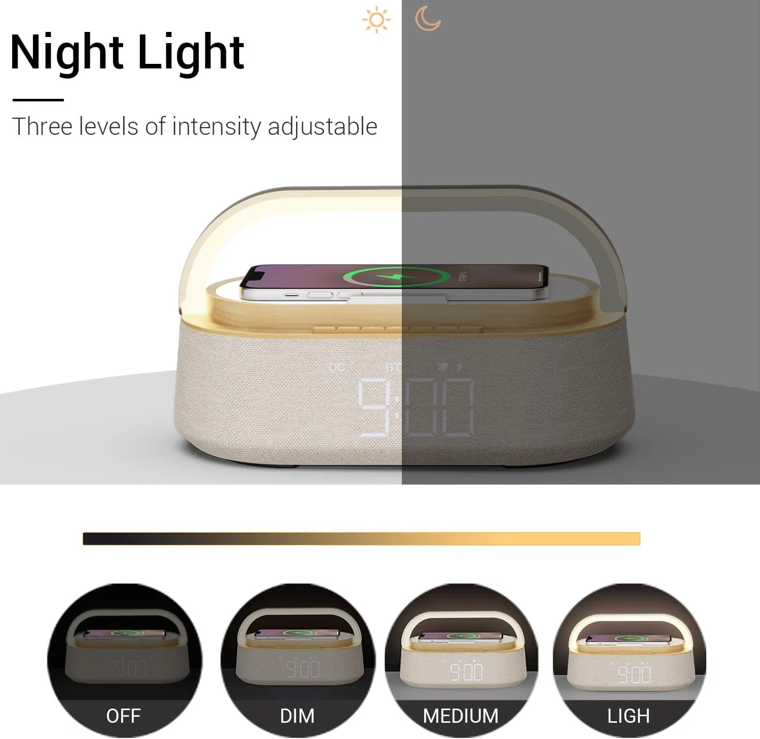 Bluetooth Speaker with Wireless Charger FM Radio Adjustable LED Night Light Dual Wireless Speakers