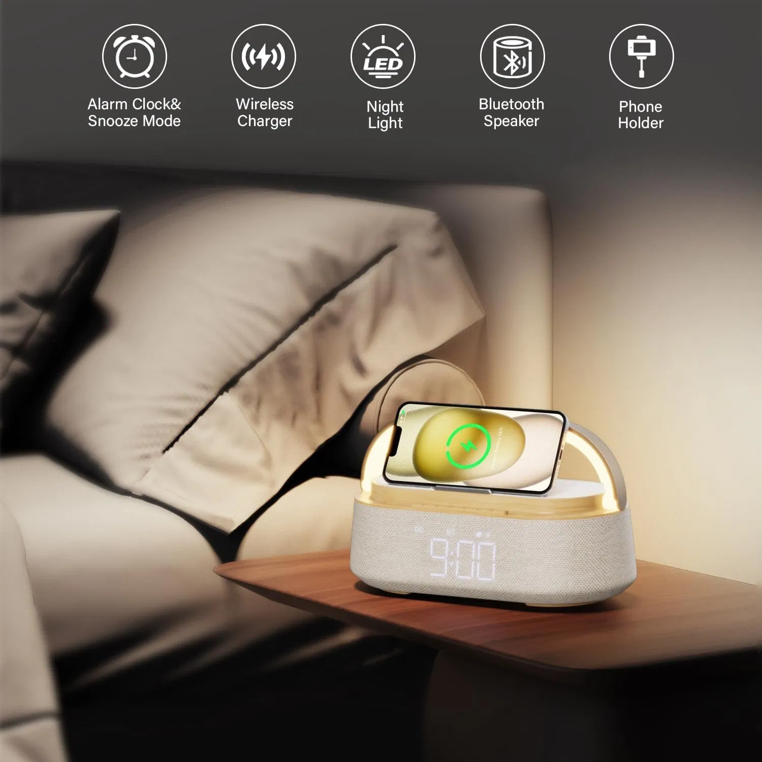 Bluetooth Speaker with Wireless Charger FM Radio Adjustable LED Night Light Dual Wireless Speakers