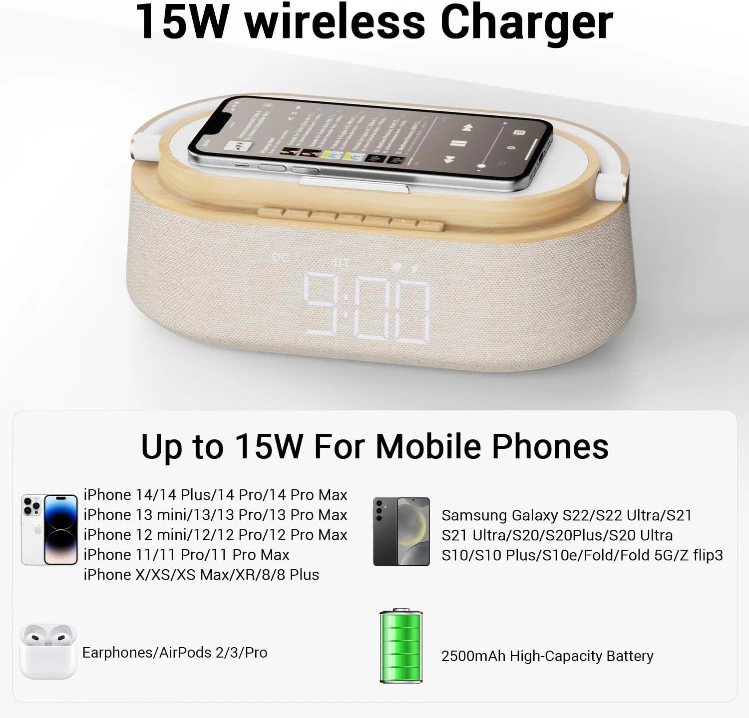 Bluetooth Speaker with Wireless Charger FM Radio Adjustable LED Night Light Dual Wireless Speakers