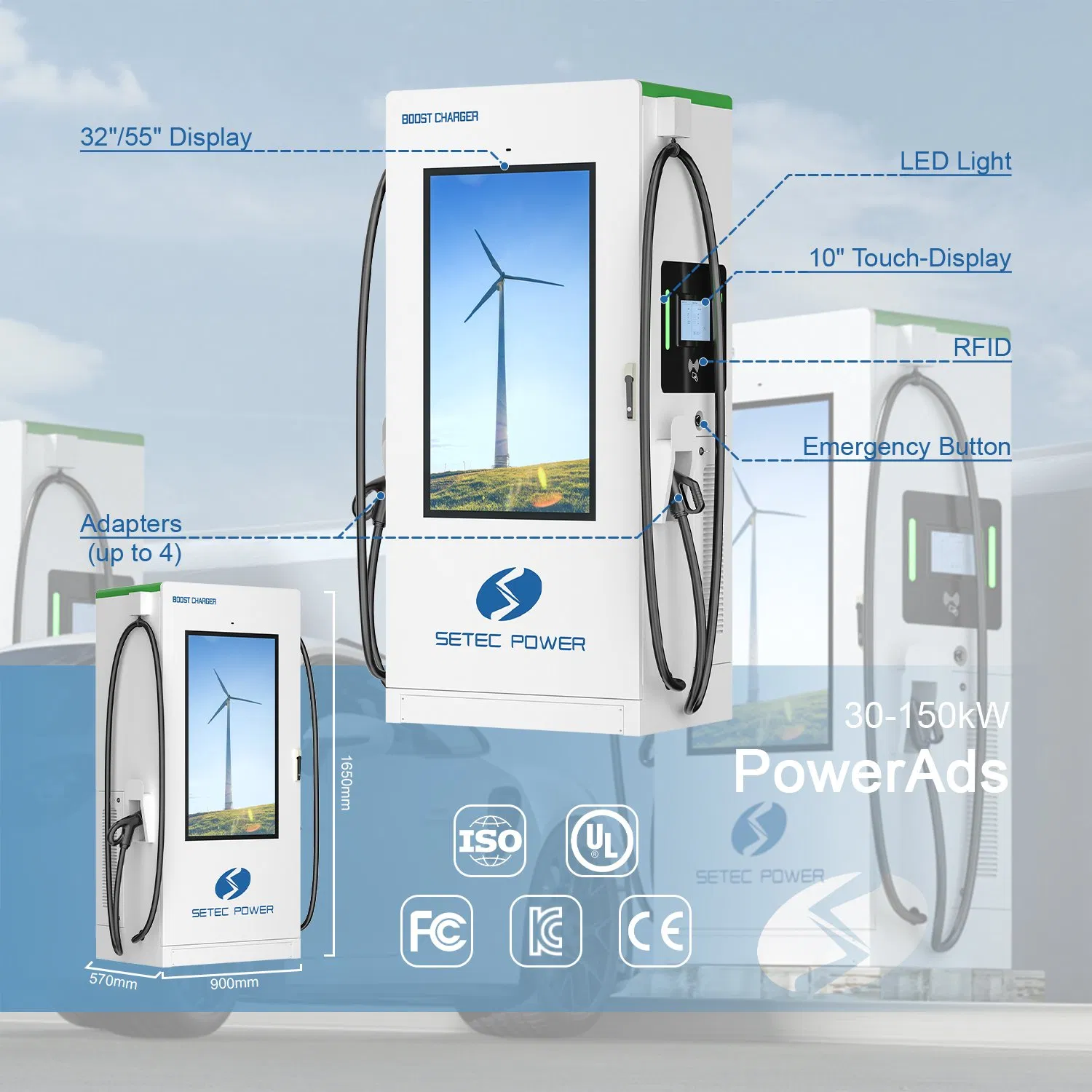 SETEC POWER Self-developed Modules Display Commercial Level 3 DC EV Charging Station for Electric Car PowerAds 30kW 60kW 90kW 120kW 150kW