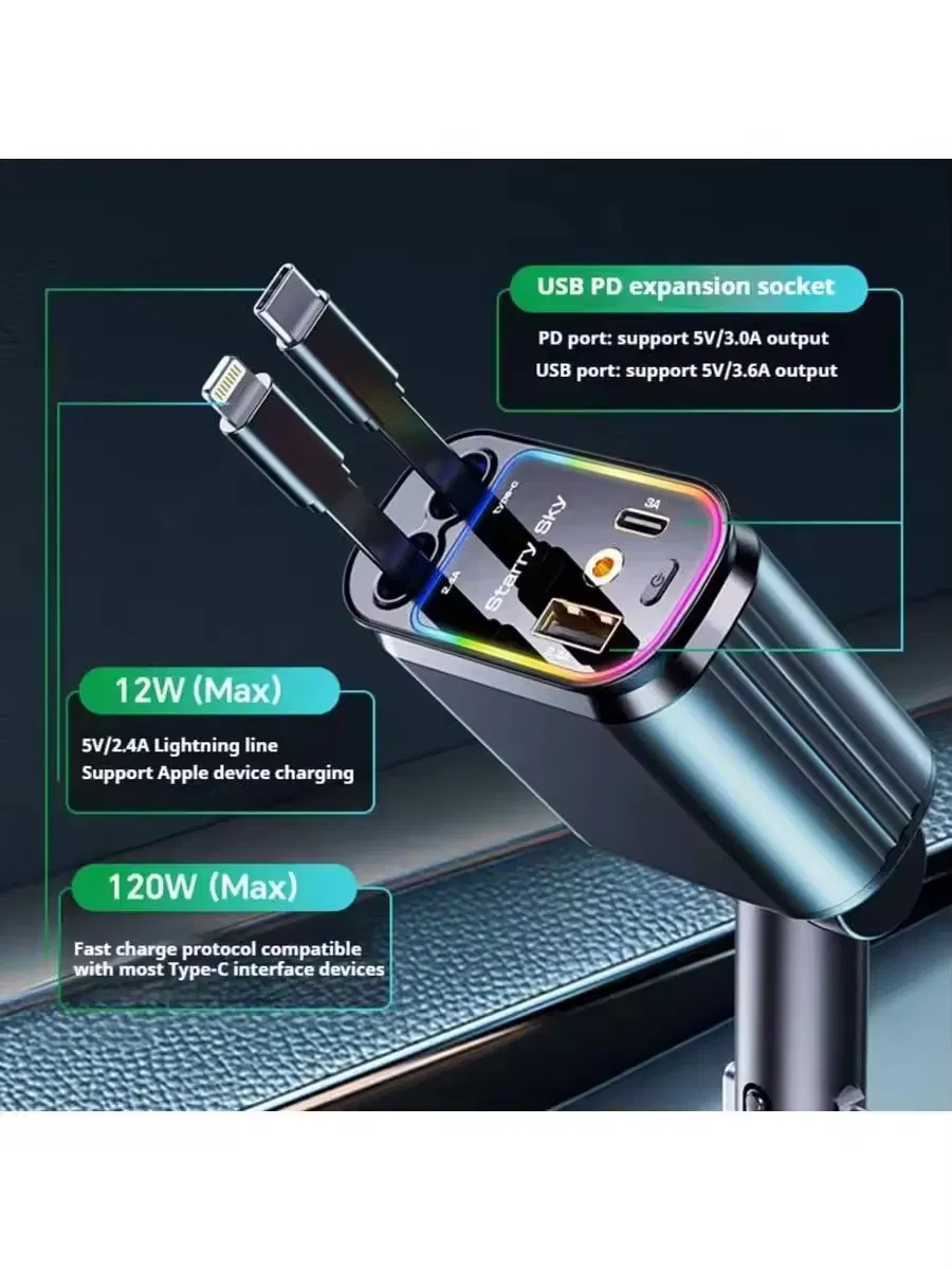 Retractable Type C Car Charger, 120W Cars Adapter USB C Fast Charger for iPhone 17 16 15 14 13 12, Samsung