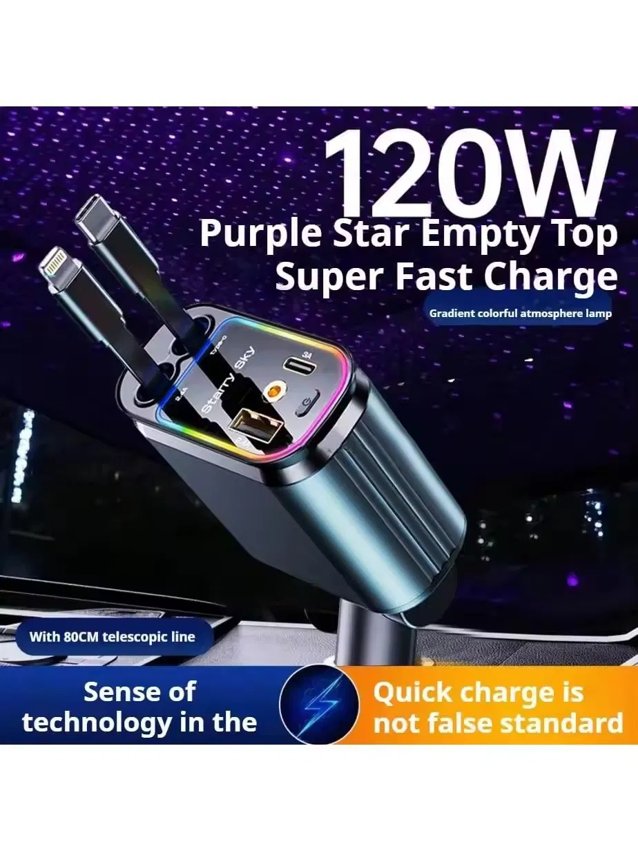Retractable Type C Car Charger, 120W Cars Adapter USB C Fast Charger for iPhone 17 16 15 14 13 12, Samsung