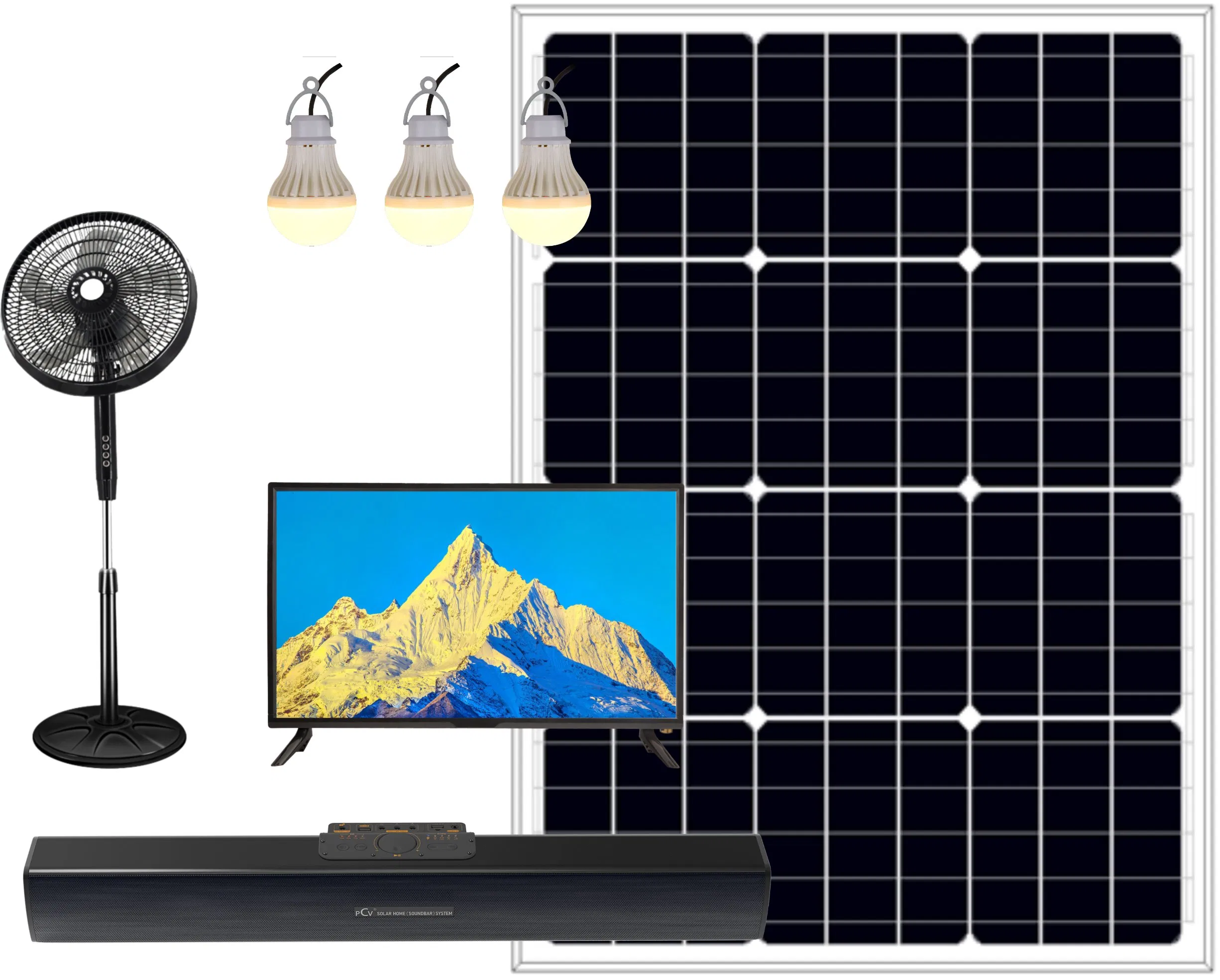 Pcv Solar Soundbar TV System Solar off-Grid System Portable Power Station for TV+Fan+Lights with USB Phone Charging Interface