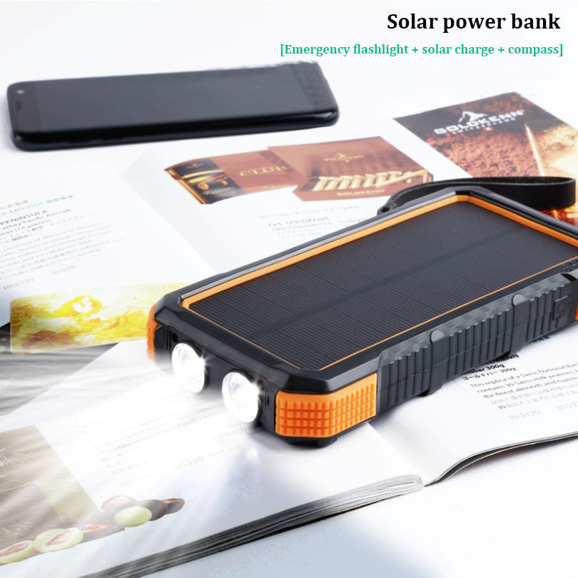 Outdoor Emergency Solar Power Bank with Compass and Cigar Lighter and LED Flashlight 20000 mAh Fast Charging Power Bank