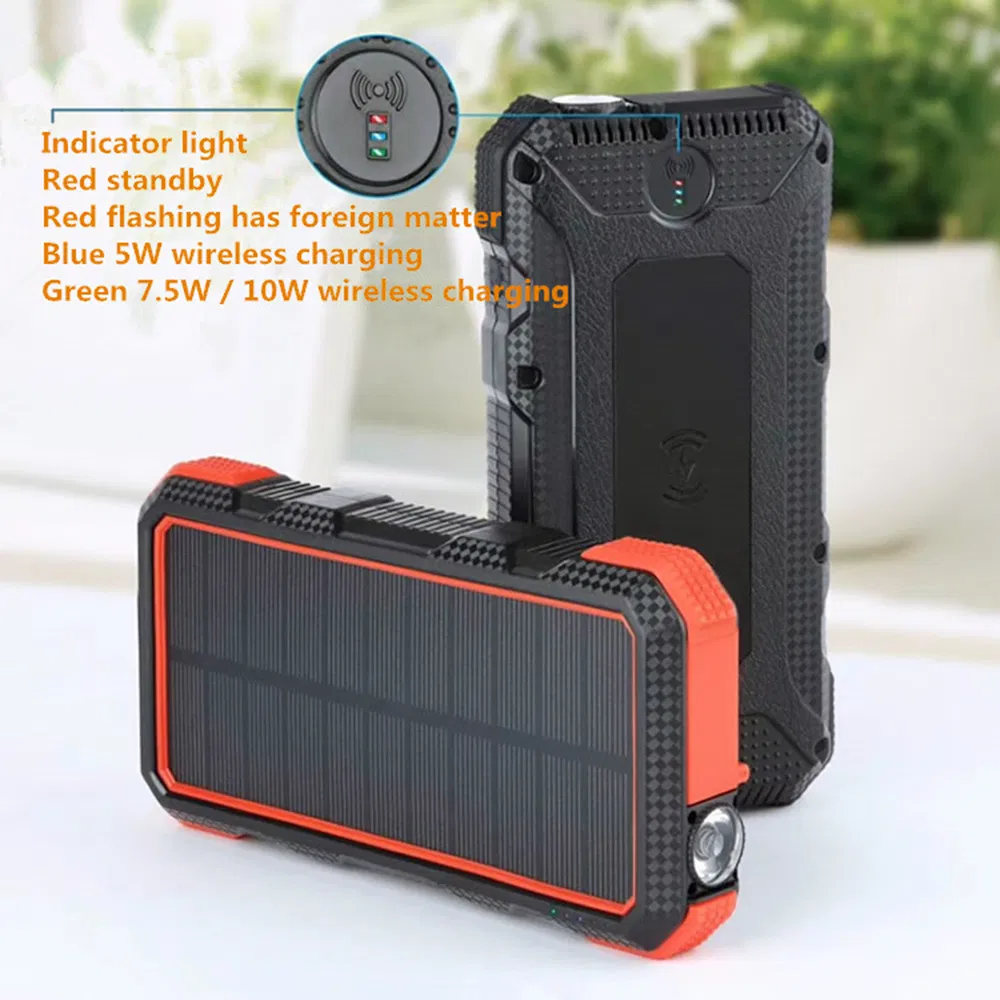 High Quality Wireless Charger Dual USB + Type-C 18W Pd Fast Charging Mobile Power with LED Flashlight 20000mAh Solar Power Bank