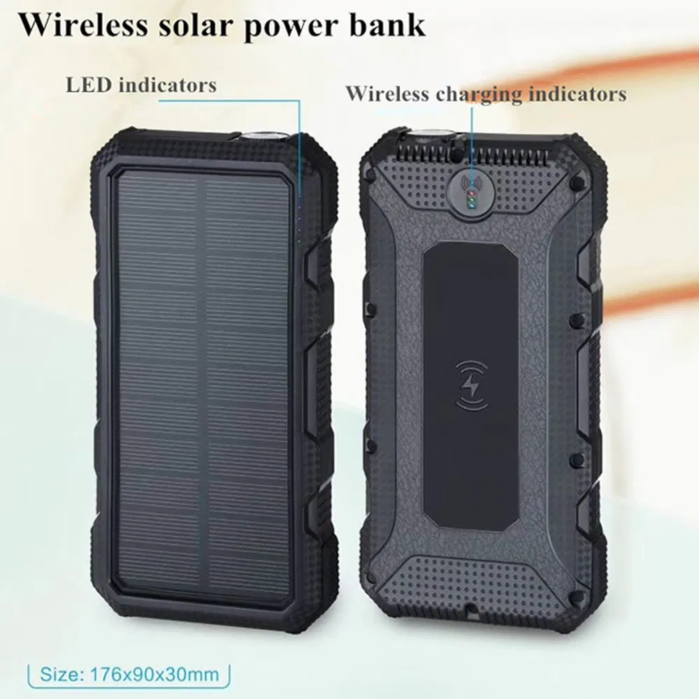 High Quality Wireless Charger Dual USB + Type-C 18W Pd Fast Charging Mobile Power with LED Flashlight 20000mAh Solar Power Bank