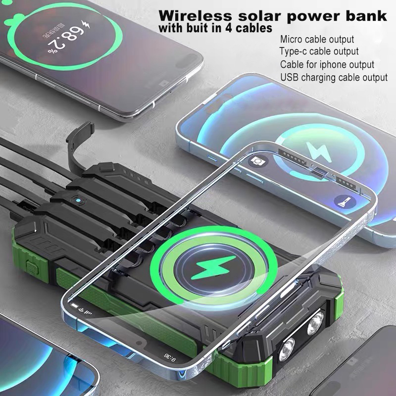 20000mAh LED Light Solar Panels Travel 15W Fast Wireless Charging Power Bank with Charger Cable