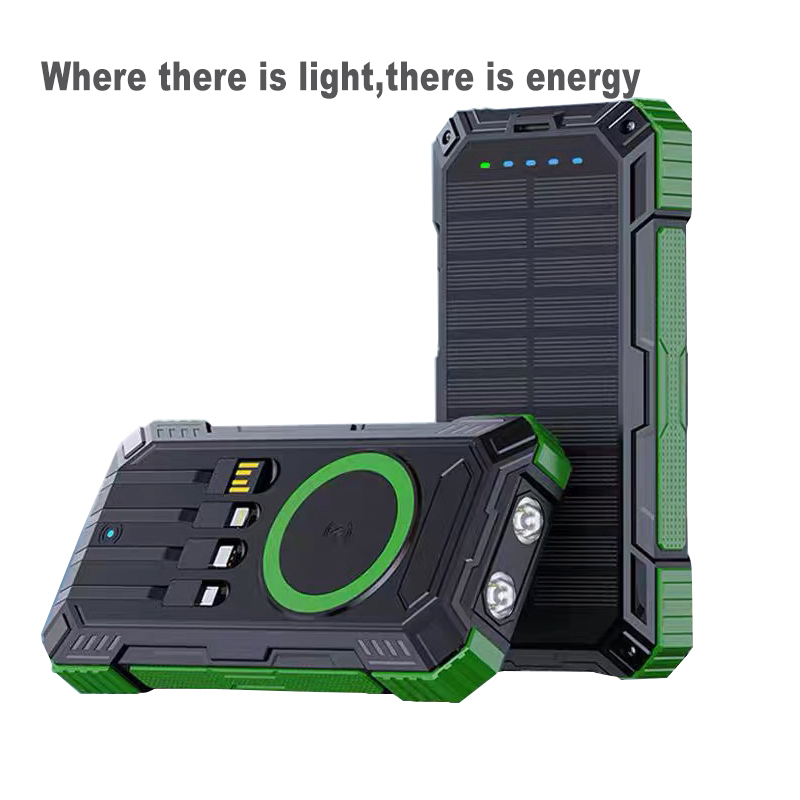 20000mAh LED Light Solar Panels Travel 15W Fast Wireless Charging Power Bank with Charger Cable
