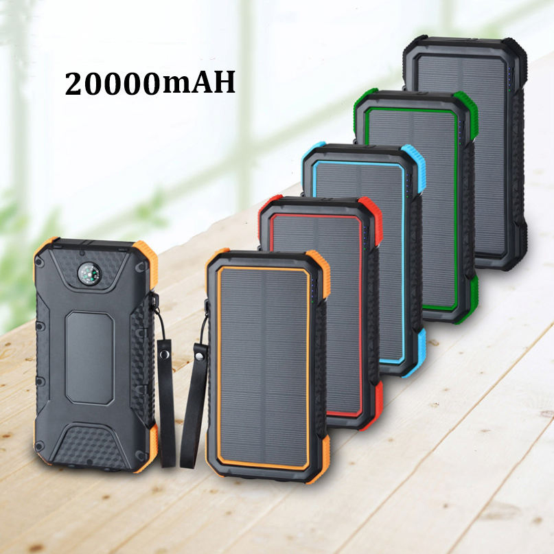 Outdoor Emergency Solar Power Bank with Compass and Cigar Lighter and LED Flashlight 20000 mAh Fast Charging Power Bank