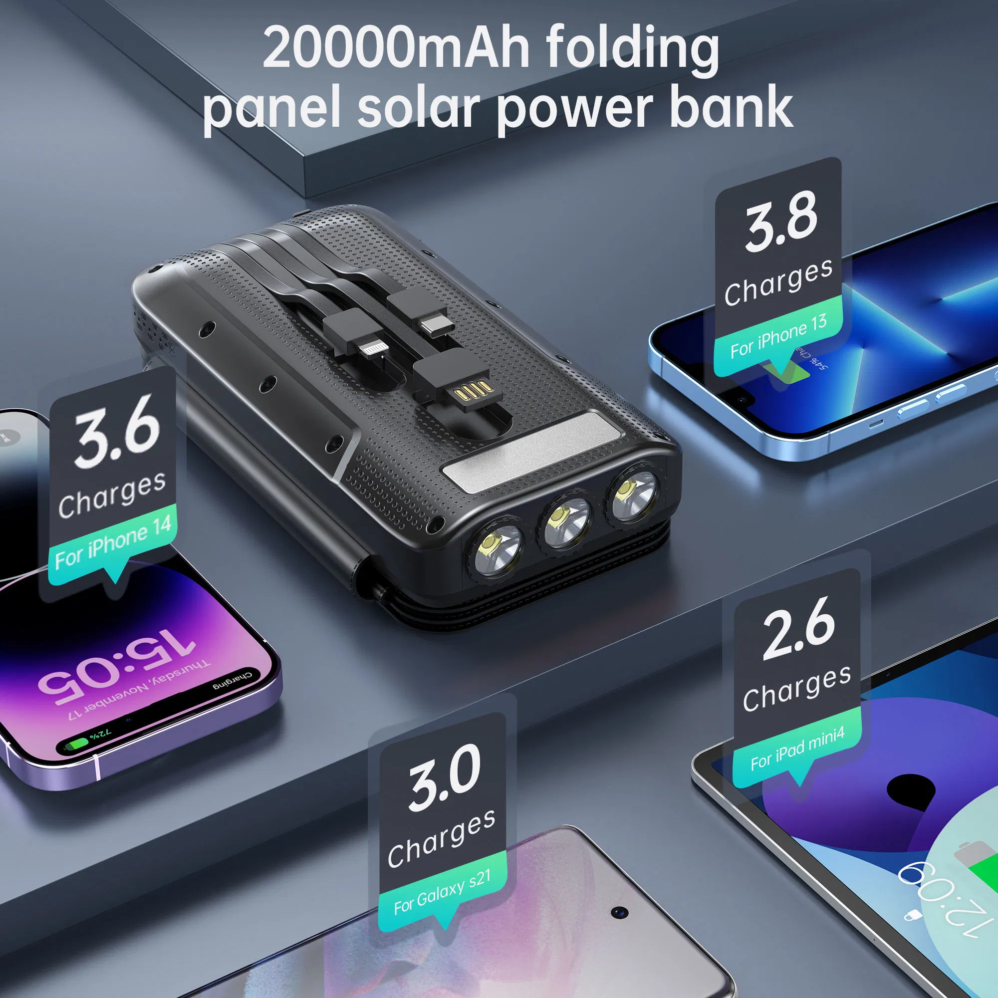 Pd 20W Fast Charging 22.5W Output 20000mAh 30000mAh Folding Panel IP65 Waterproof Dust Shock Proof Charger Solar Power Bank Solar Panel Powerbanks