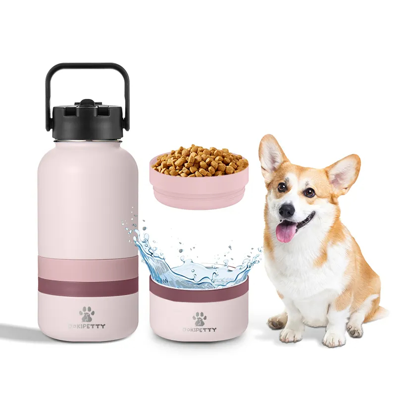 3 in 1 Portable Stainless Steel Pet Feeder Travel Dog Water Bottles with Food Container