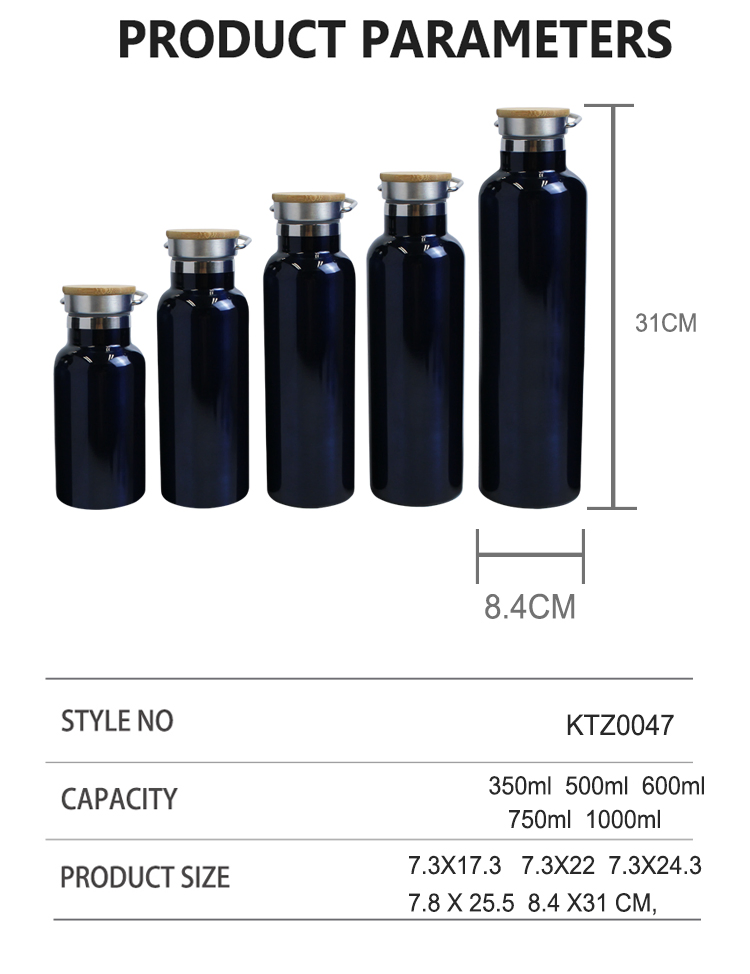 Double Wall Vacuum Bottle Stainless Steel Sports Flask with Bamboo Steel Cover
