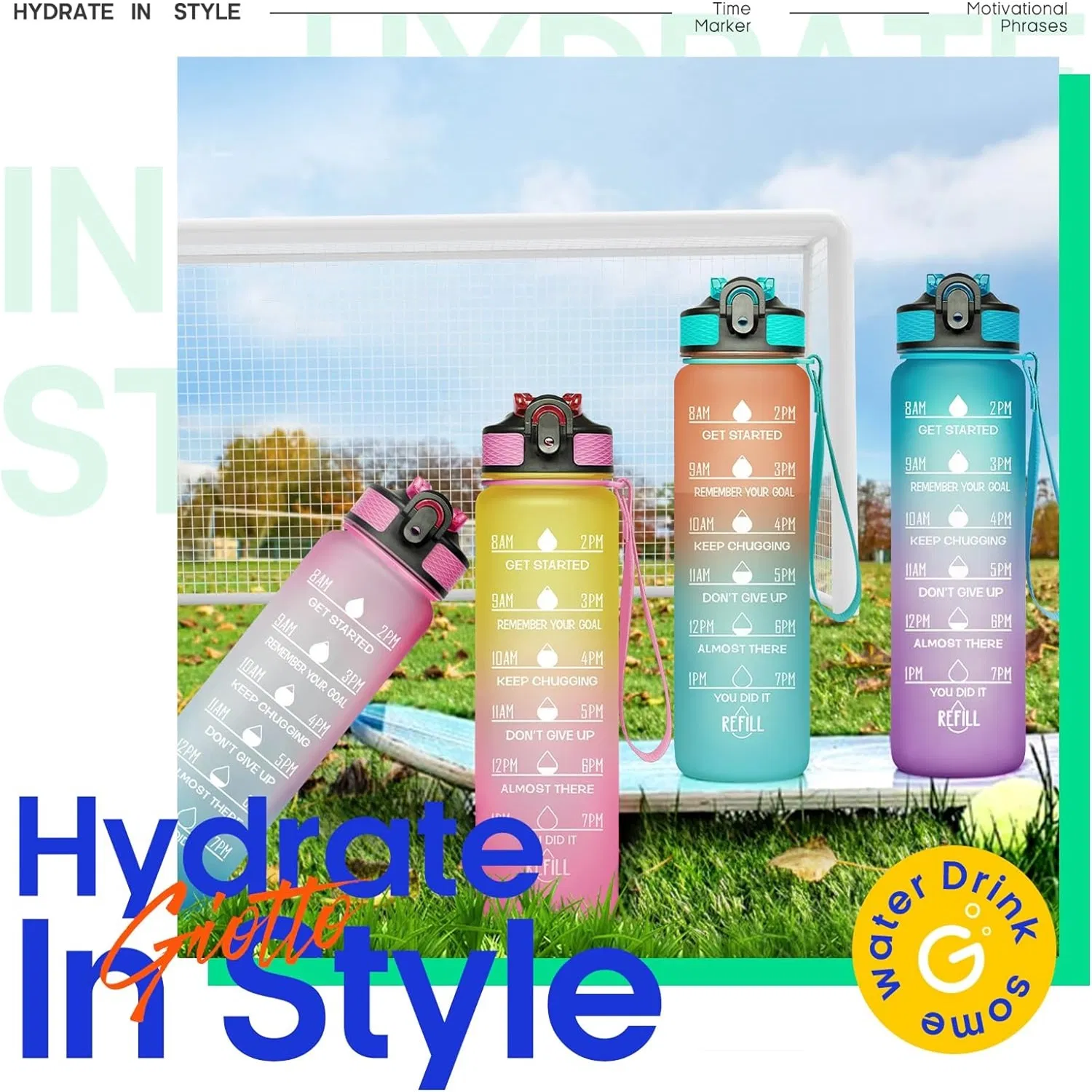 Motivational Bottles Time Marker Strap Leak-Proof Tritan PC BPA Free Gym Fitness Outdoor Sports Gradient Matte Water Bottle Custom Color Logo 1000ml