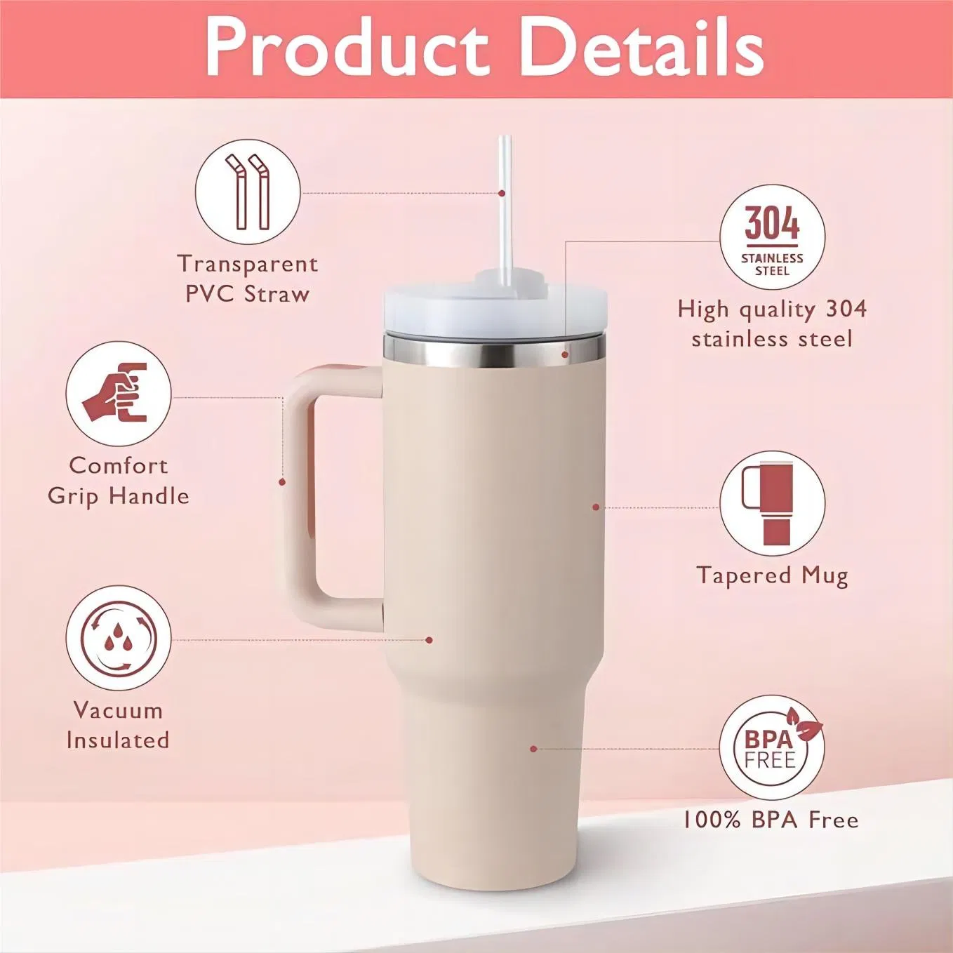 40oz Tumbler Heat Insulated Stainless Steel Cup Double Wall Vacuum Flask Thermo Vehicle Sports Coffee Tea Mug Water Bottle with Handle Lid Straw
