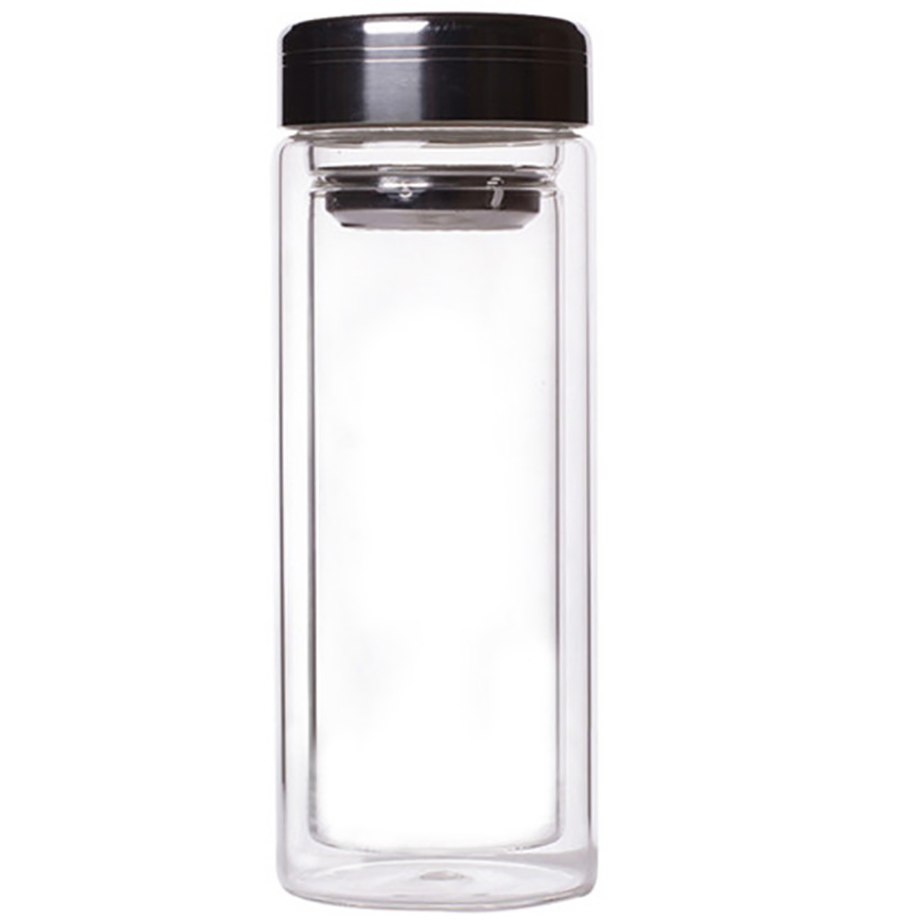 High Borosilicate Glass Tea Bottle Double Wall with Infuser Strainer Wood Lid Tea Water Bottle Custom Logo
