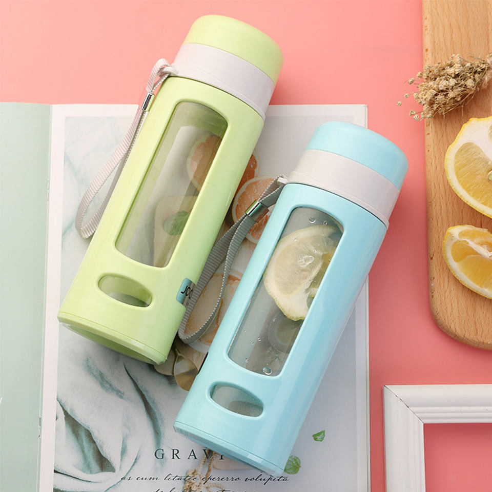 480ml Portable Leak Proof Lid Double Wall Plastic Glass Water Bottle
