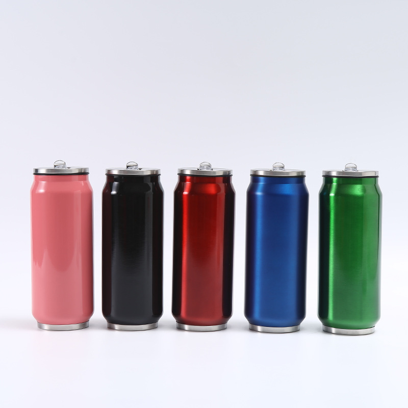 12oz/17oz Stainless Steel Double Wall Cola Can Bottle 350/500ml Thermal Vacuum Cans Water Cola Bottle with Flips Lid and Straw