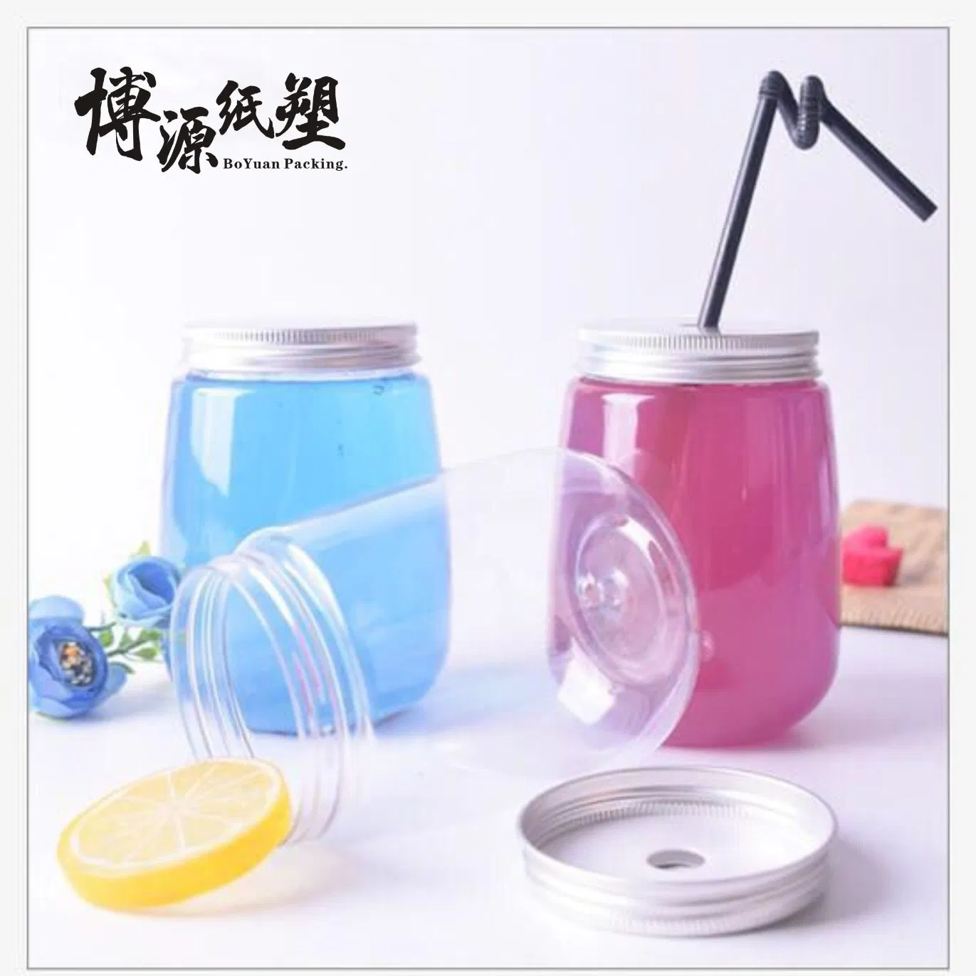 500ml, 750ml, 1000ml, 1100ml Can Round Juice Bottle with Aluminum Lid Bulk Water Bottle Iced Coffee Travel Mug Cup Reusable Plastic Cups for Parties Birthdays