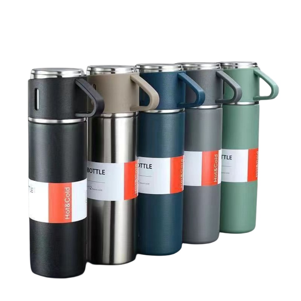 500ml Stainless Steel Insulated Thermos Bottle Sport Vacuum Flask Set Water Bottle Tea Mug Tumbler Gift Set Tea Bottle with 3 Lids