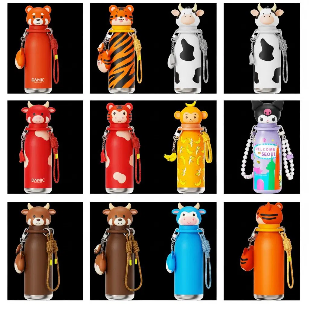 Matchbestie 17oz 24oz Double Layer 12-24hr Thermal Eco-Friendly Insulated Stainless Steel Water Bottle Detachable Soft Animal