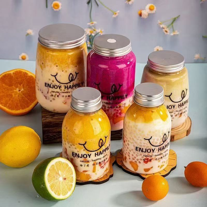 500ml, 750ml, 1000ml, 1100ml Can Round Juice Bottle with Aluminum Lid Bulk Water Bottle Iced Coffee Travel Mug Cup Reusable Plastic Cups for Parties Birthdays