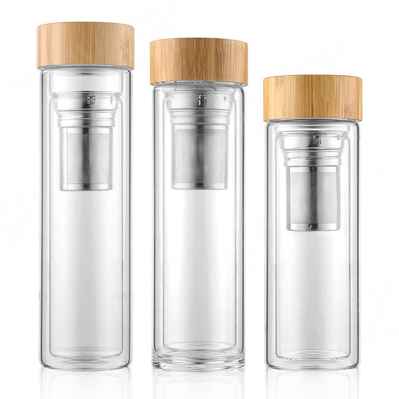Wholesale Wide Mouth Custom Logo Double Wall Insulated Tea Glass Shaker Fruit Infuser Water Bottle with Bamboo Lid and Sleeve